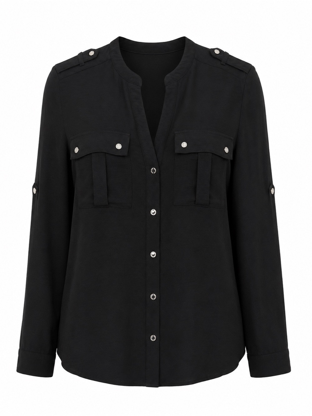 Calvin Klein Black Utility Military Roll Tab Blouse Silver Buttons S